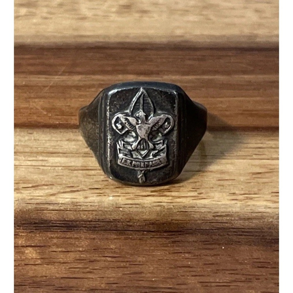 Antique Art Deco STERLING Silver VTG "Be Prepared" BOY SCOUT RING Size 7